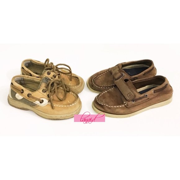BUNDLE Sperry Bluefish LC Top-Sider A/O H&L Brown Tan Boys Kids Boat Shoes 9 11 - Picture 1 of 8